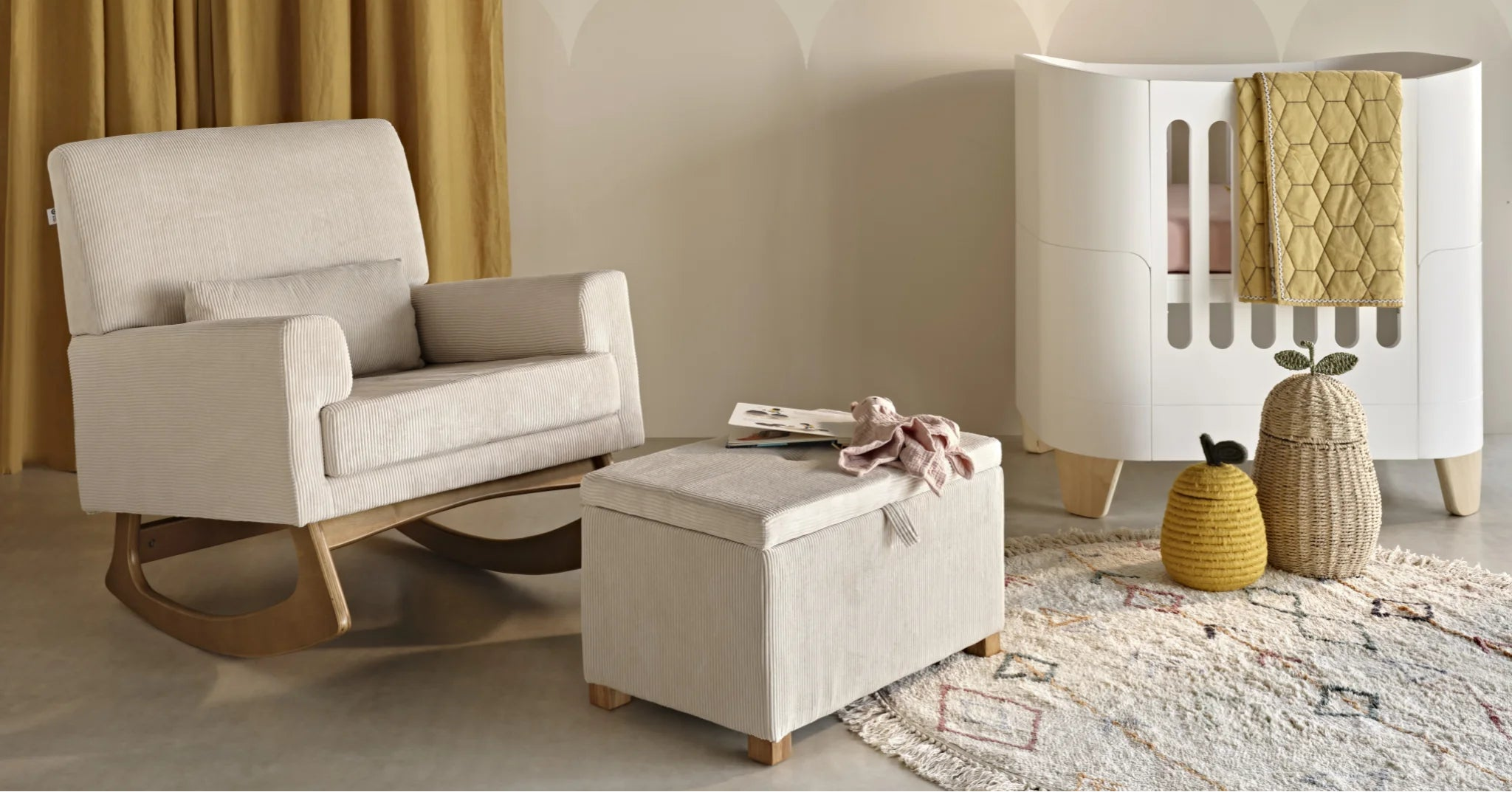 Gaia Baby Serena Rocking Chair and Footstool in ecru corduroy with Serena Mini Cot in a stylish nursery, featuring comfortable nursery seating, Scandinavian-inspired baby furniture and modern nursery décor.