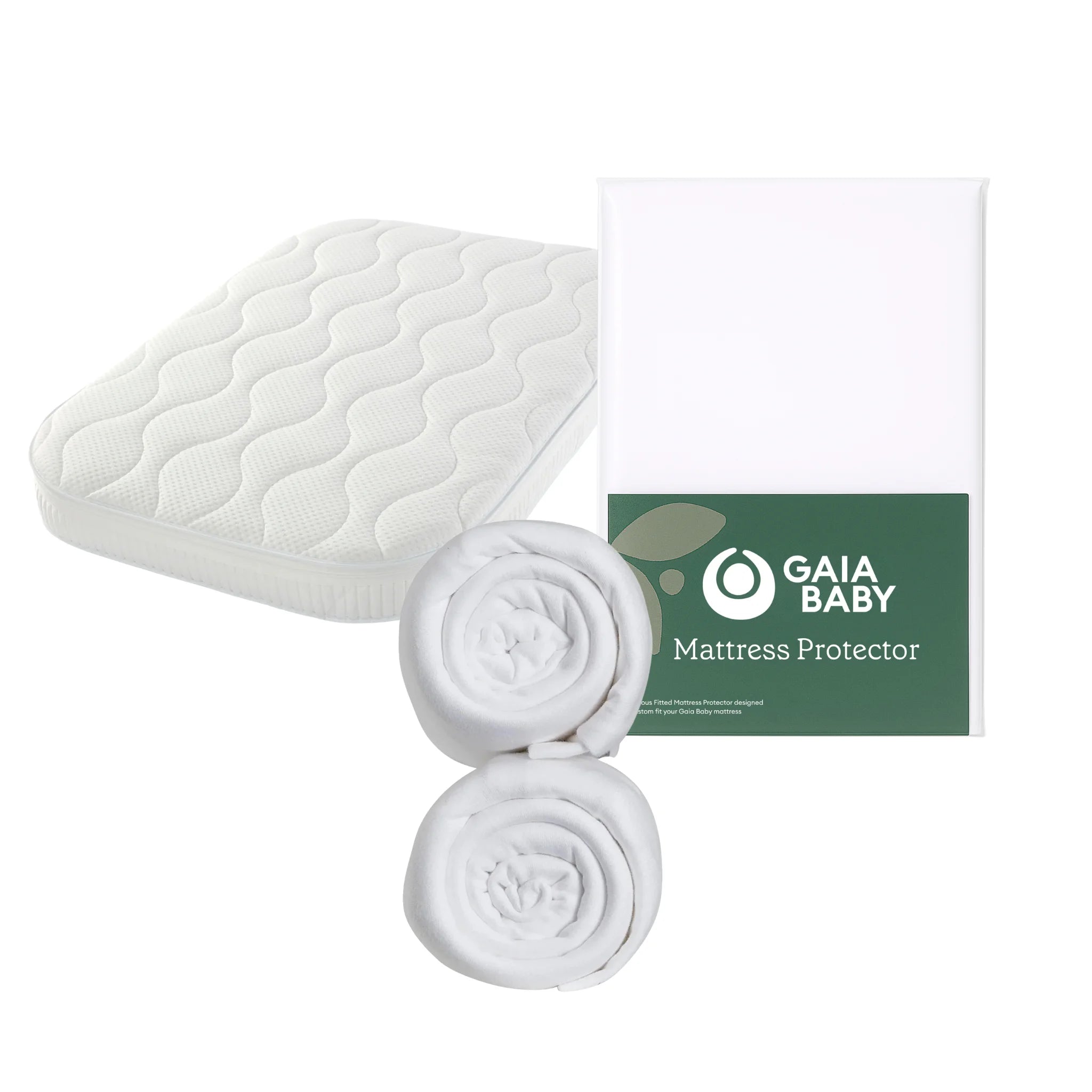 Gaia Baby Serena mini cot bedding bundle including mattress protector, fitted sheets, and packaging, shown on a white background.