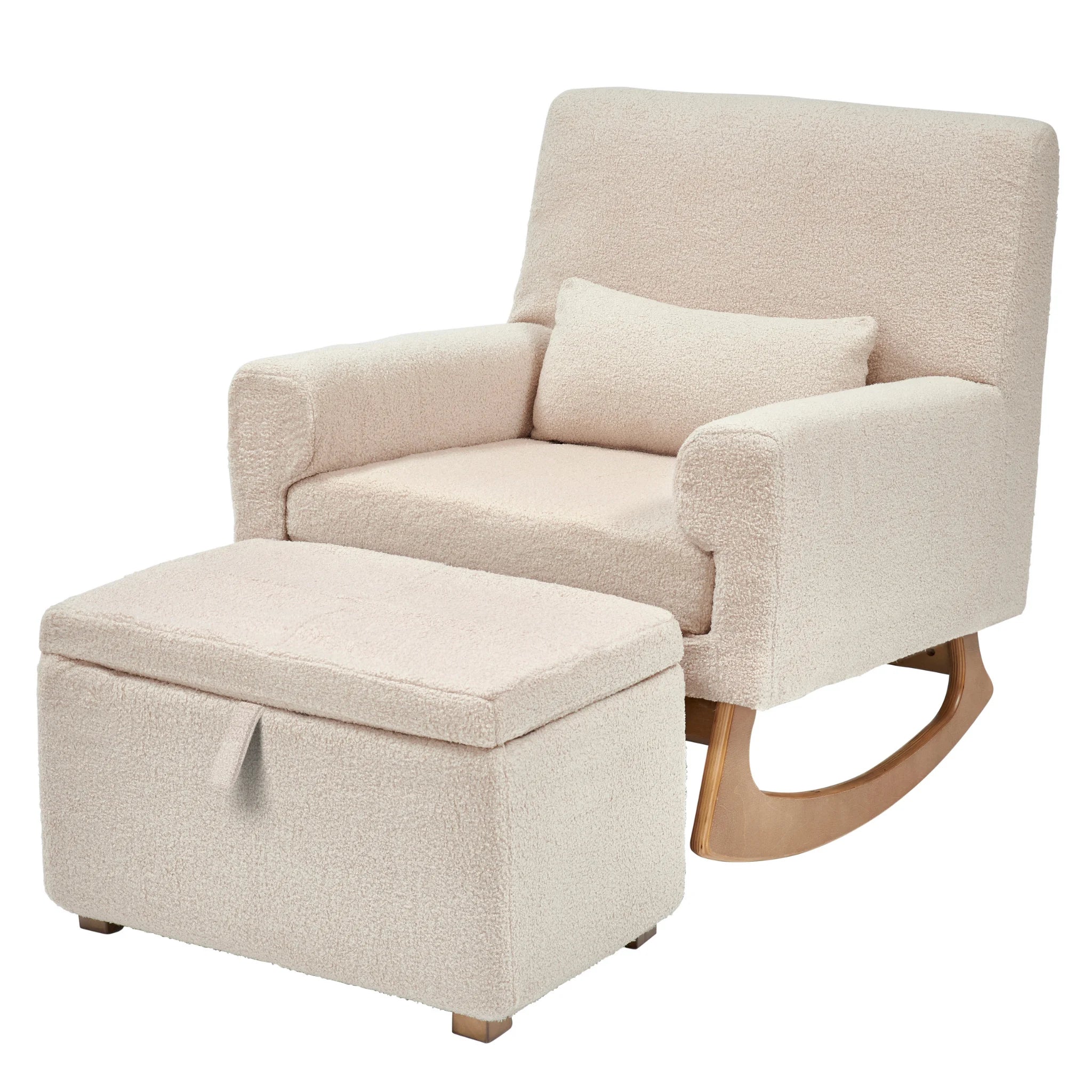 Gaia Baby Serena rocking chair and storage footstool in biscuit boucle fabric with oak wood rocking base, premium nursery feeding chair set for modern Scandinavian style baby room.