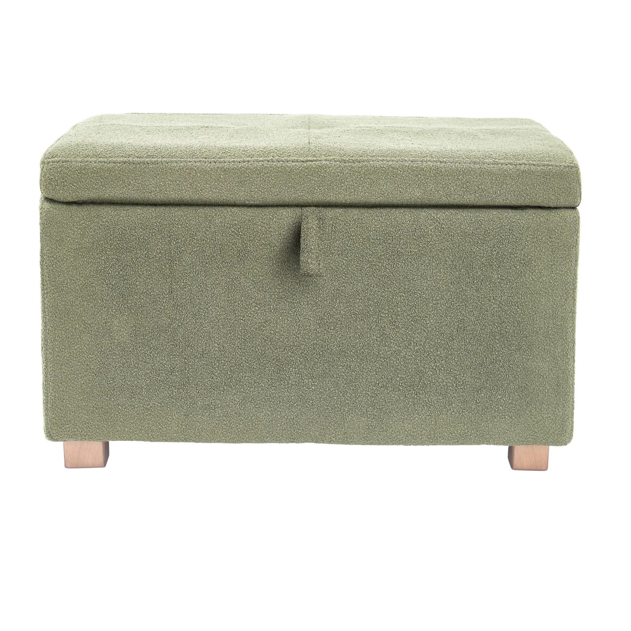 Gaia Baby Serena storage footstool in sage green fabric with oak wood feet, upholstered nursery ottoman with hidden storage for toys, blankets and baby essentials in modern Scandinavian nursery decor.