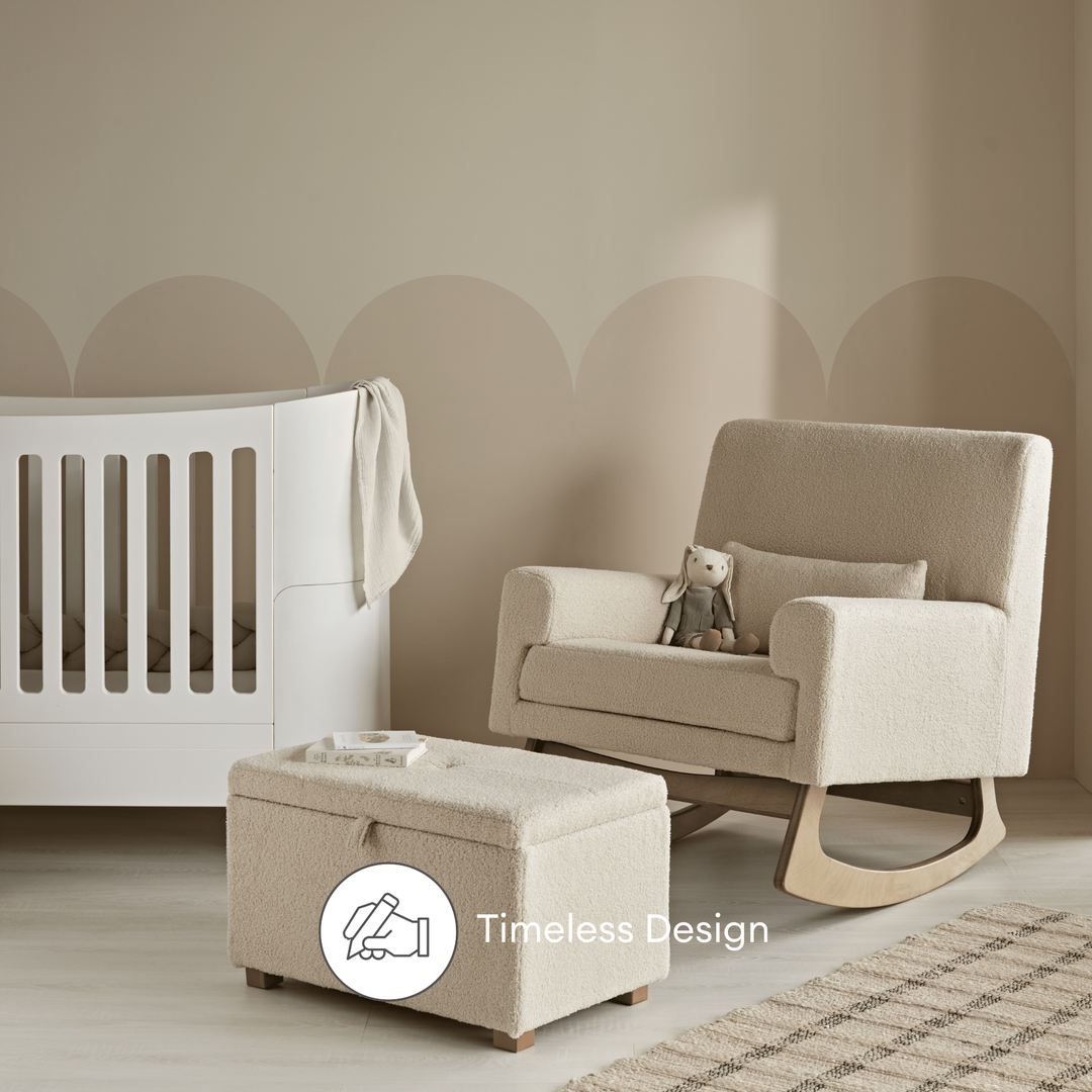 Timeless Gaia Baby Serena Boucle Nursing Chair and matching footstool with storage in a nursery