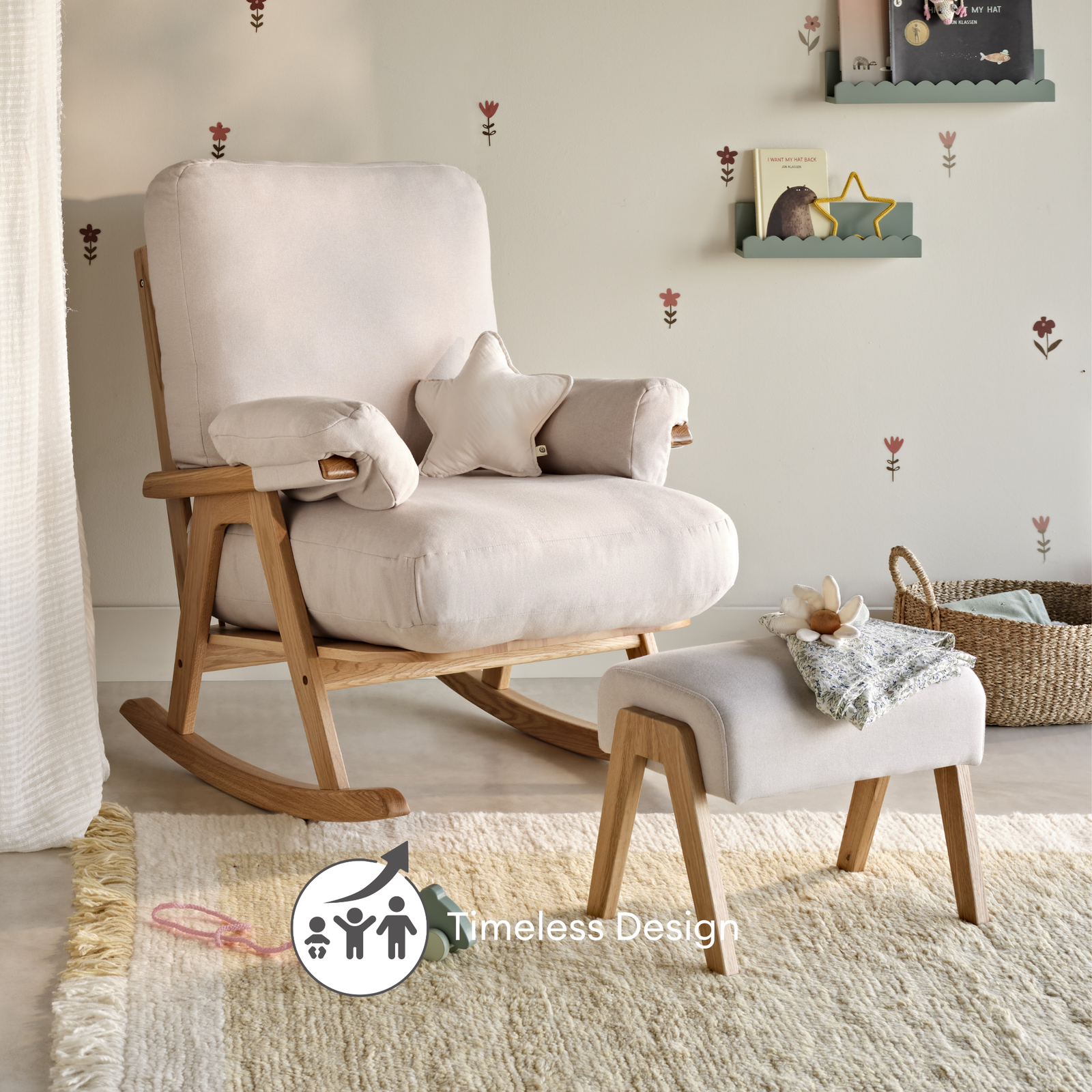 Hera rocking chair in barley with footstool in nursery setting.