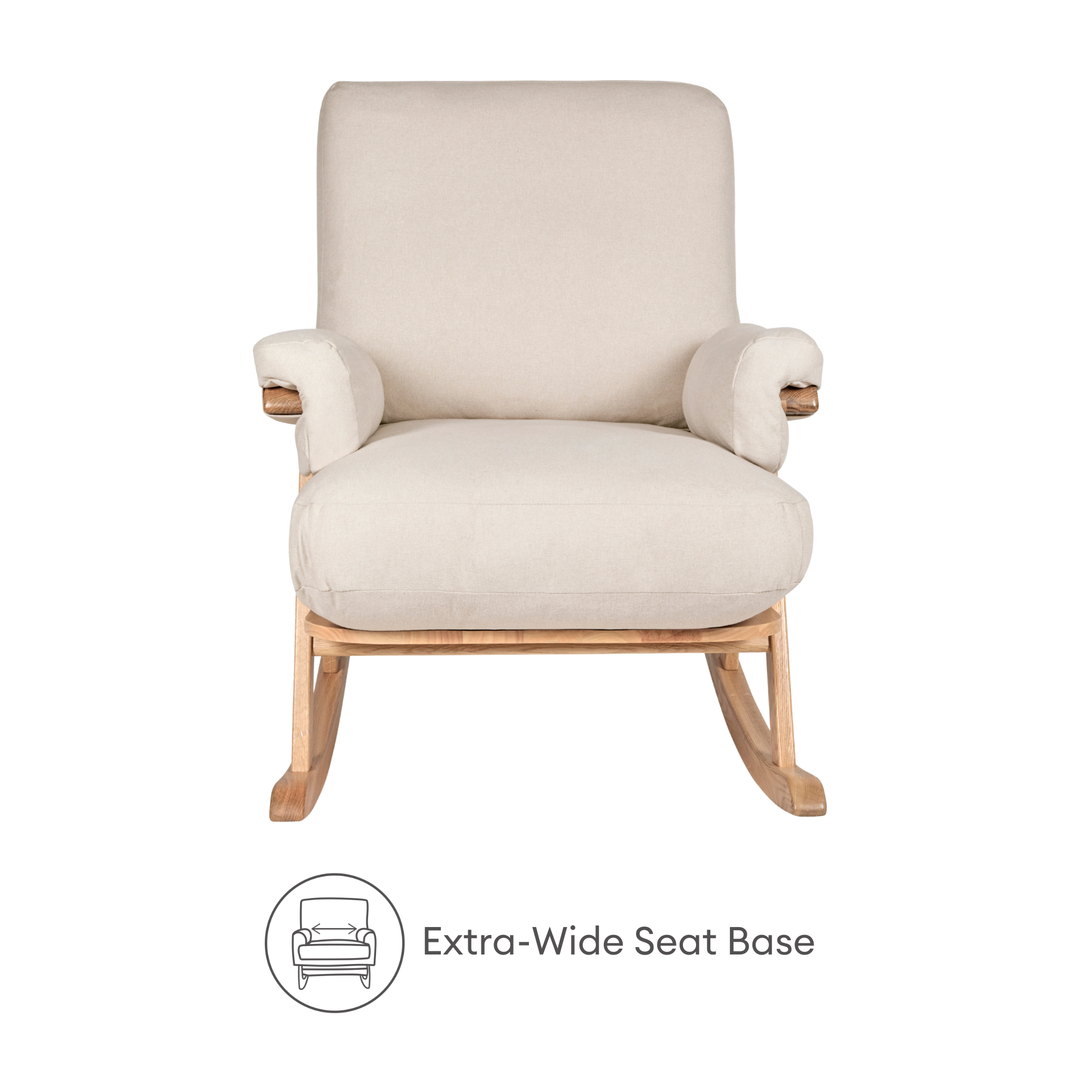 Hera rocking chair extra wide seat base feature.