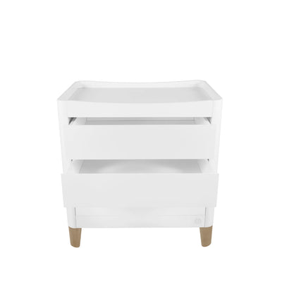 Front view of the Gaia Baby Serena Dresser with two drawers open, showcasing spacious nursery storage, soft-close functionality, and natural wood legs against a clean white background.