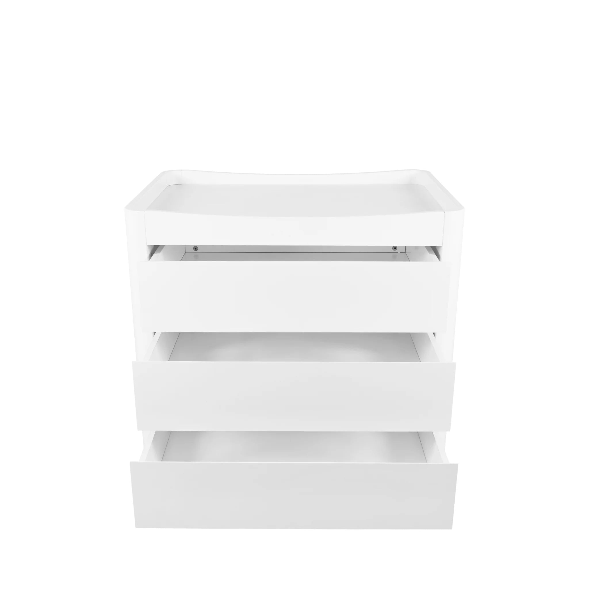 Front view of the Gaia Baby Serena Dresser with all three drawers open, highlighting generous storage capacity, minimalist nursery design, and natural wood legs on a clean white background.