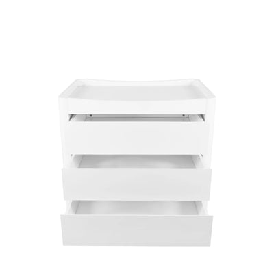 Front view of the Gaia Baby Serena Dresser with all three drawers open, highlighting generous storage capacity, minimalist nursery design, and natural wood legs on a clean white background.