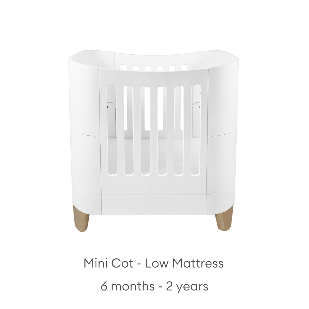 Gaia Baby Serena Mini Cot with Natural Legs - use low mattress from six months up to 2 years. Shown with natural legs