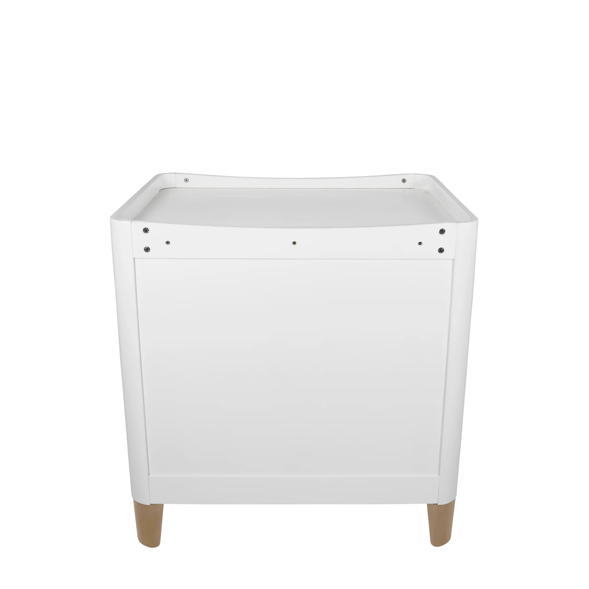 Back view of the Gaia Baby Serena Dresser with natural wood legs, featuring a clean white finish and minimalist Scandinavian-inspired design on a white background.