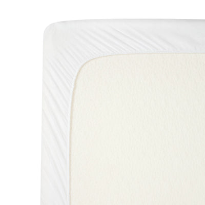 ClevaMama waterproof mattress protector fitted on bedside crib mattress, soft brushed cotton surface