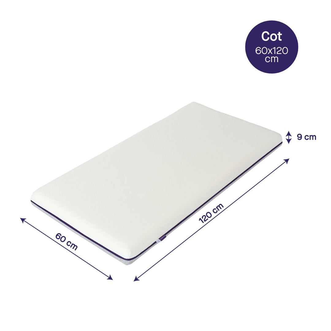 ClevaMama ClevaFoam cot mattress measuring 60 x 120 cm with a depth of 9 cm, shown with arrows indicating dimensions.