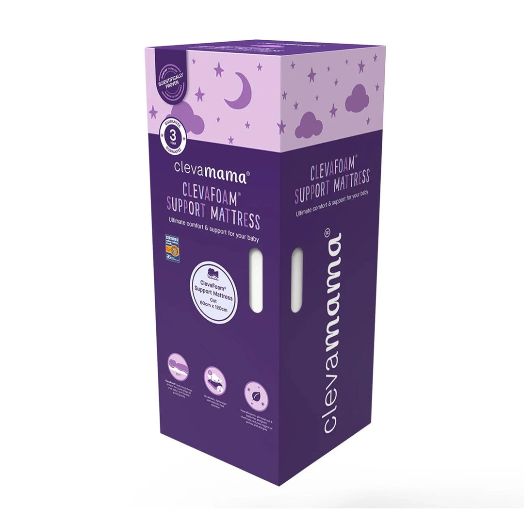 ClevaMama ClevaFoam support cot mattress in branded purple packaging box with product details and icons.