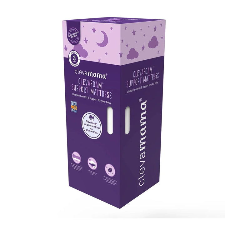 ClevaMama ClevaFoam support cot mattress in branded purple packaging box with product details and icons.