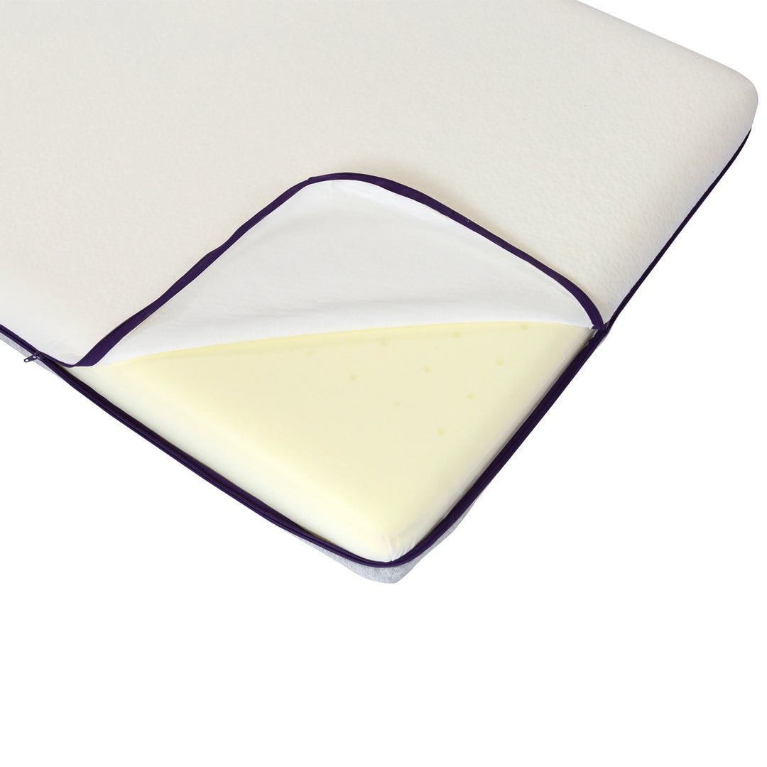ClevaMama ClevaFoam support cot mattress with removable zip cover opened to reveal breathable foam core