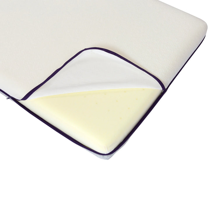 ClevaMama ClevaFoam support cot mattress with removable zip cover opened to reveal breathable foam core