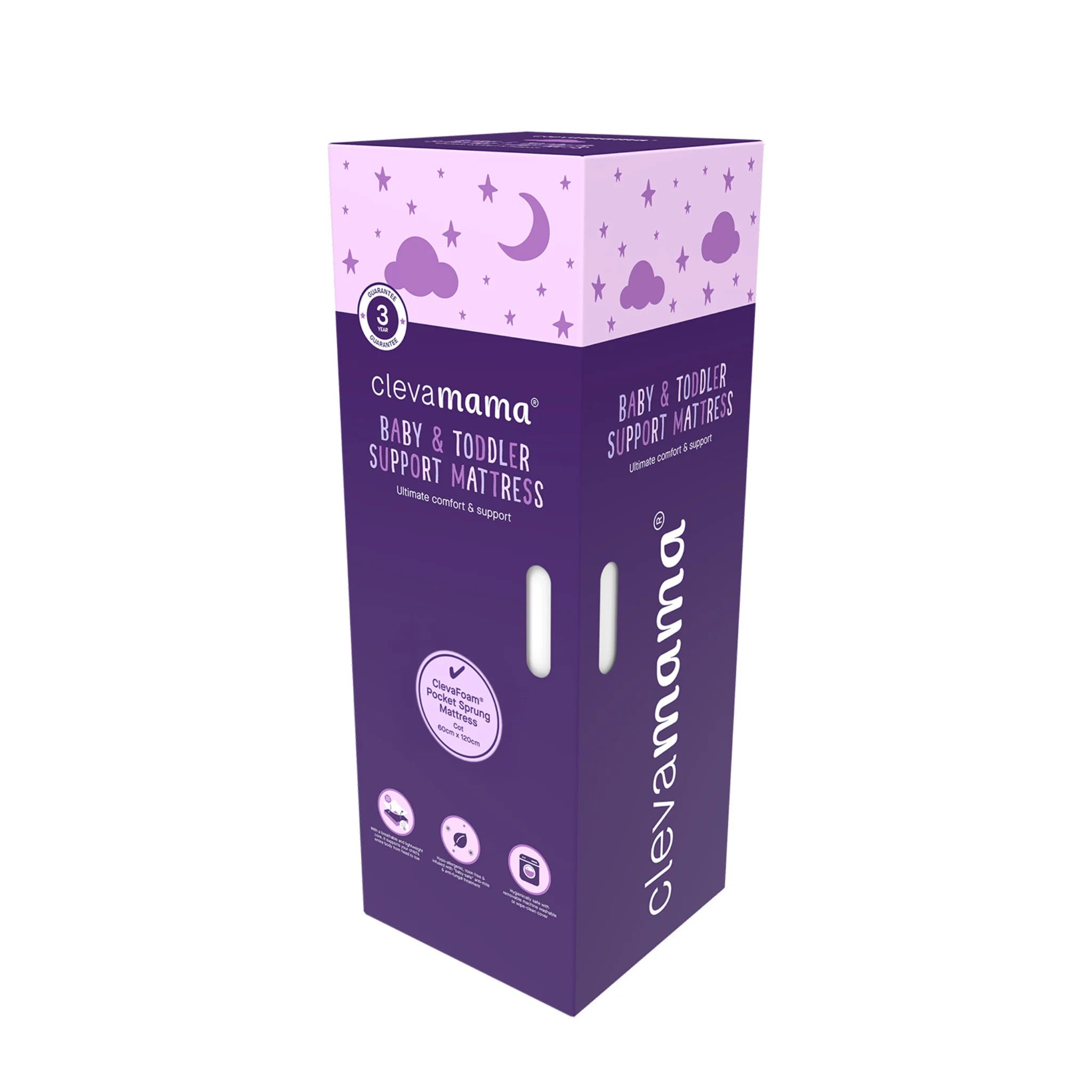 Matelas de luxe ClevaFoam à ressorts ensachés ClevaMama présenté dans une boîte d'emballage violette de la marque avec détails du produit et icônes.