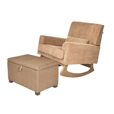 Caramel corduroy rocking chair and coordinating storage ottoman with oak rocking legs