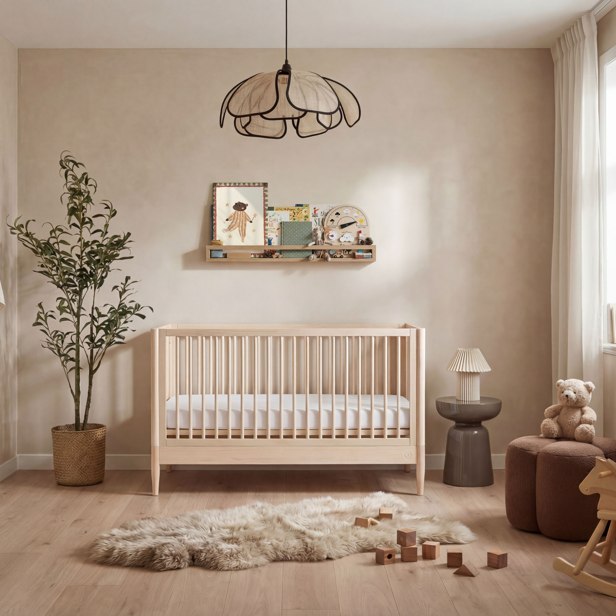 Gaia Baby Eos umwandelbares Kinderbett aus Naturholz in einem minimalistischen Kinderzimmer mit weichem Teppich, Pflanzen und neutralem, modernem Dekor.