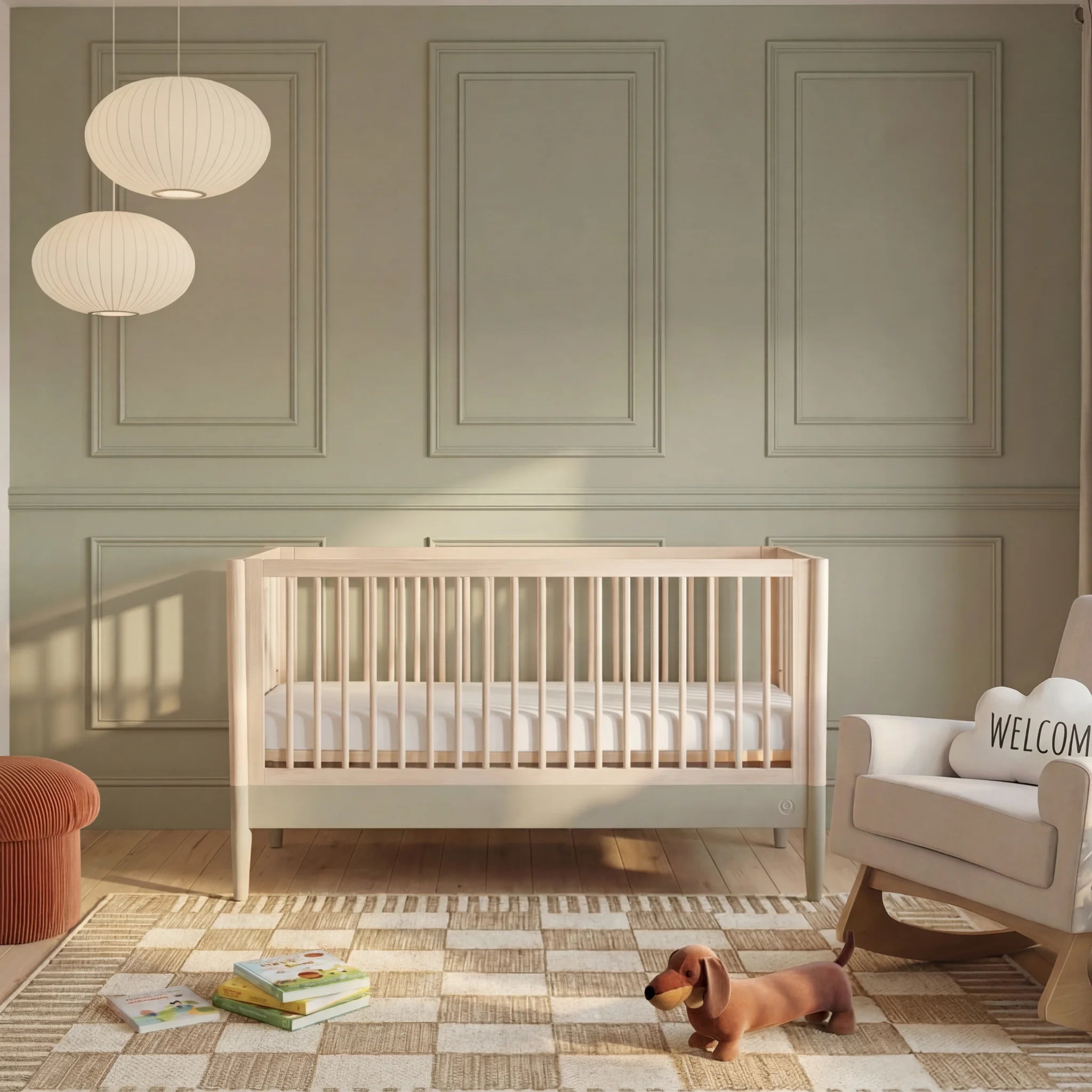 Gaia Baby EOS natural wood convertible cot bed styled in modern nursery room with rug and toys