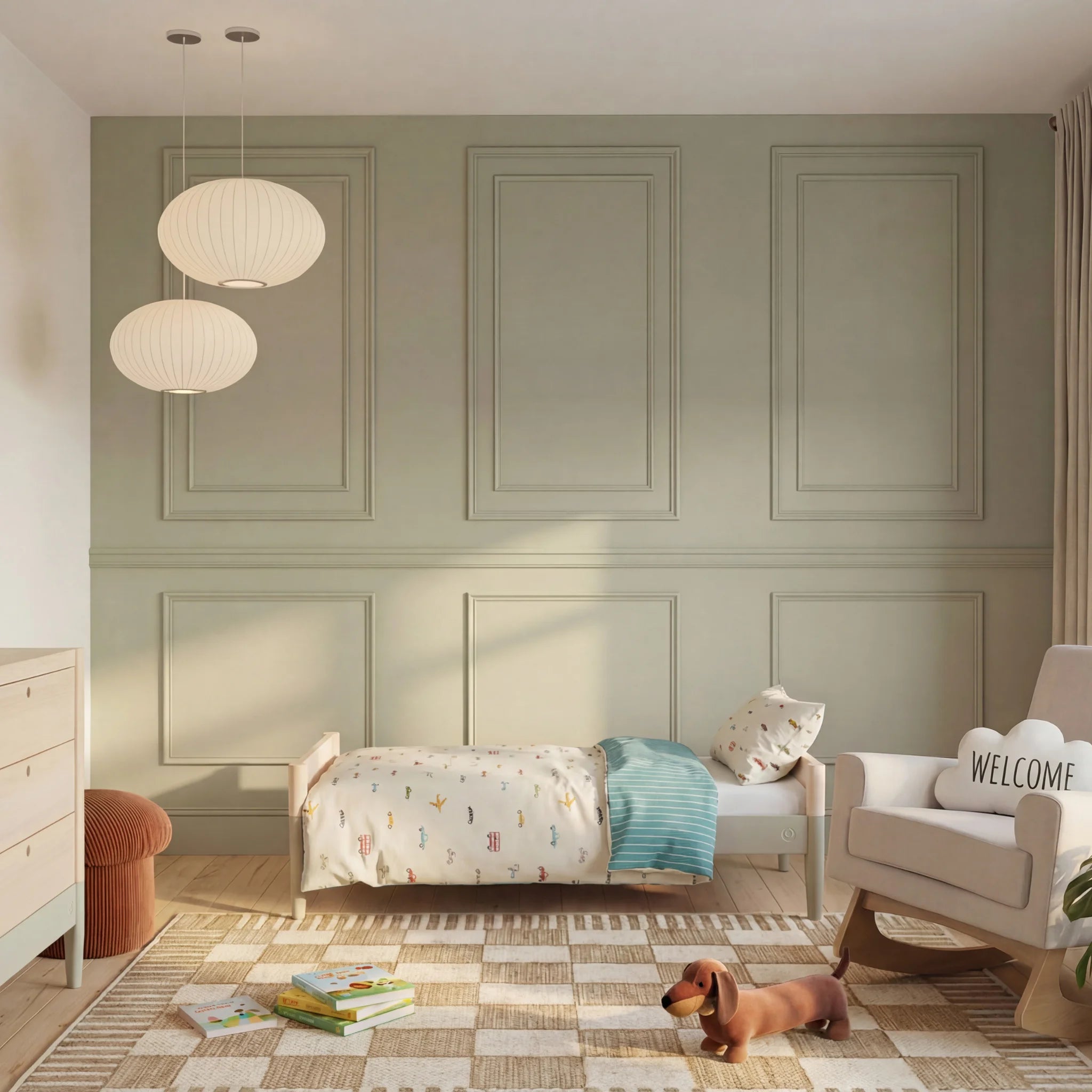 Gaia Baby Eos toddler bed in natural wood in a desert sage children’s bedroom with armchair, patterned rug, and soft neutral decor.