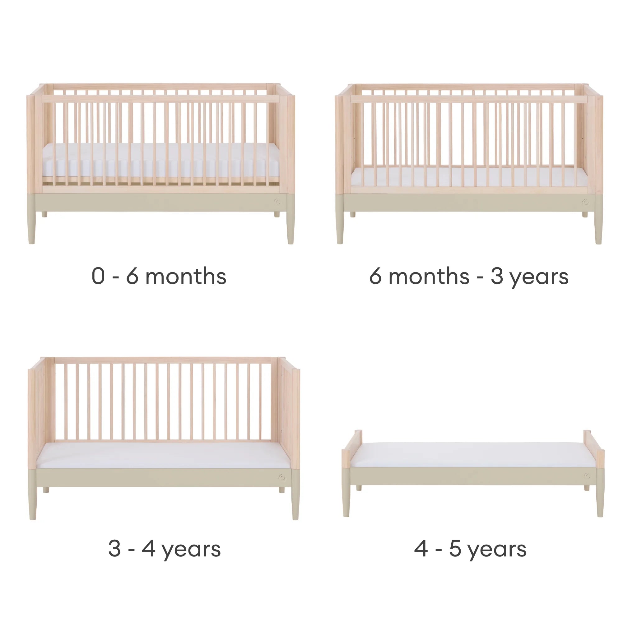 Gaia Baby EOS natural wood convertible cot bed showing four stages from newborn crib to toddler bed