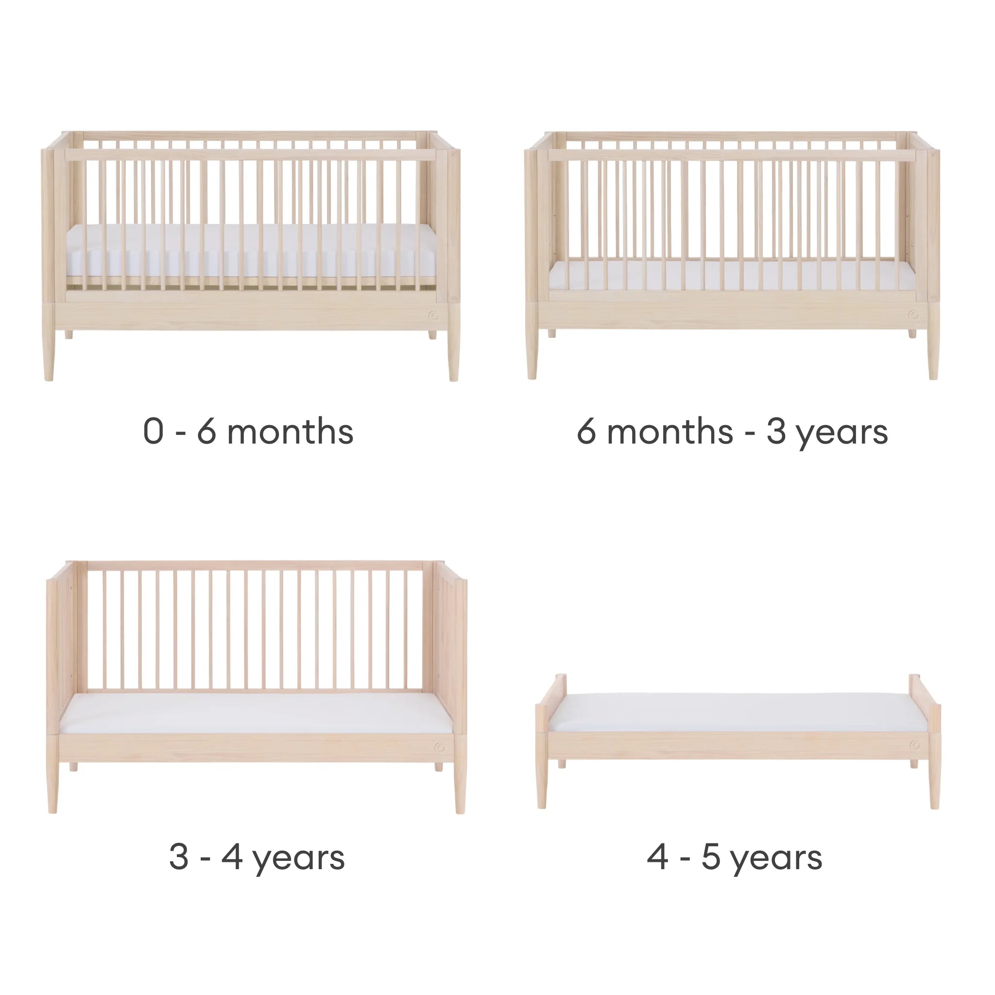 Gaia Baby EOS Cabrio-Kinderbett aus Naturholz mit vier Wachstumsstadien vom Babybett zum Kleinkinderbett