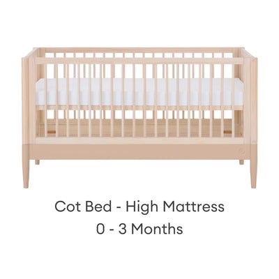 Gaia Baby EOS convertible cot bed in natural wood and powder blush with high mattress setting for newborns