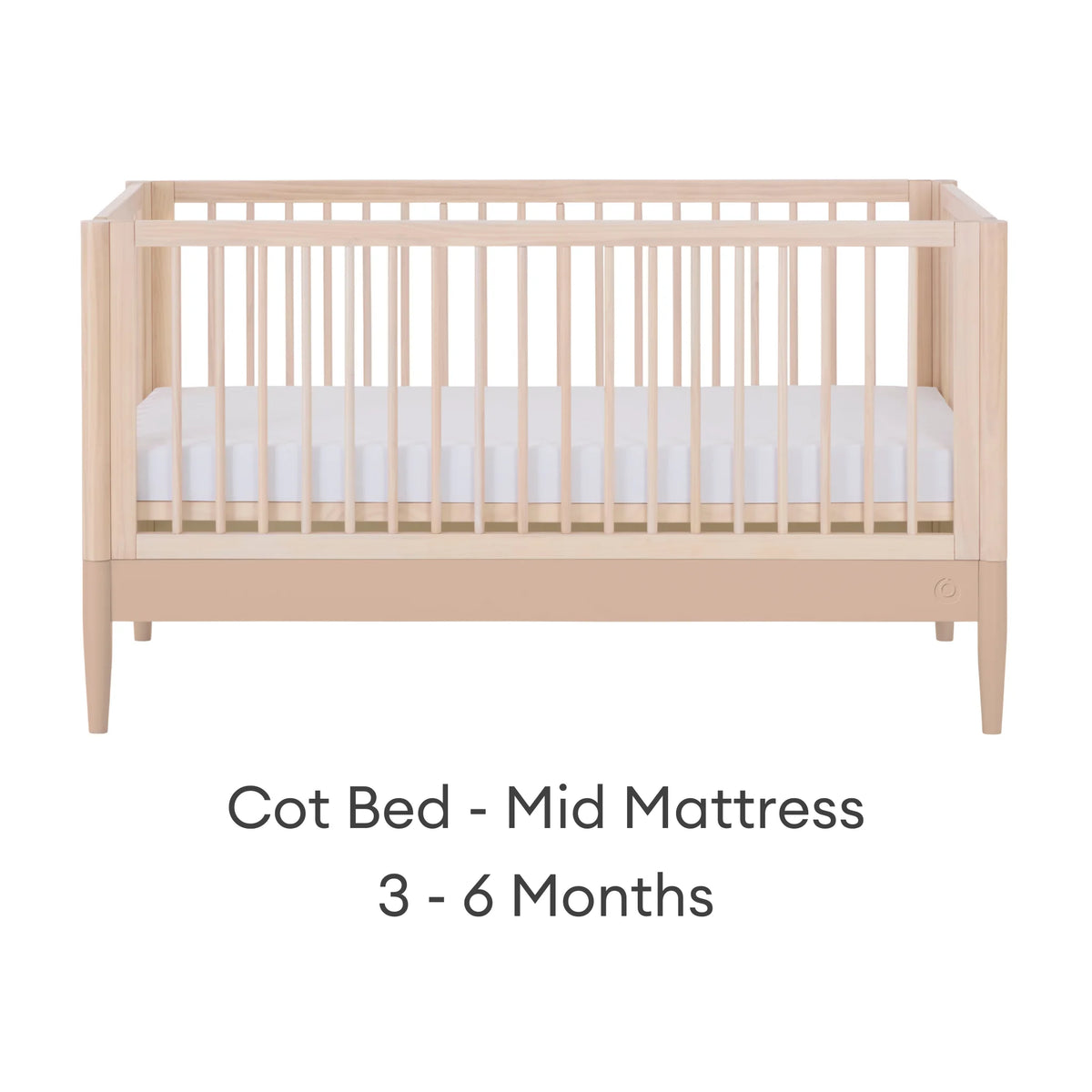 Gaia Baby EOS convertible cot bed in natural wood and powder blush with mid mattress setting for babies 3 to 6 months