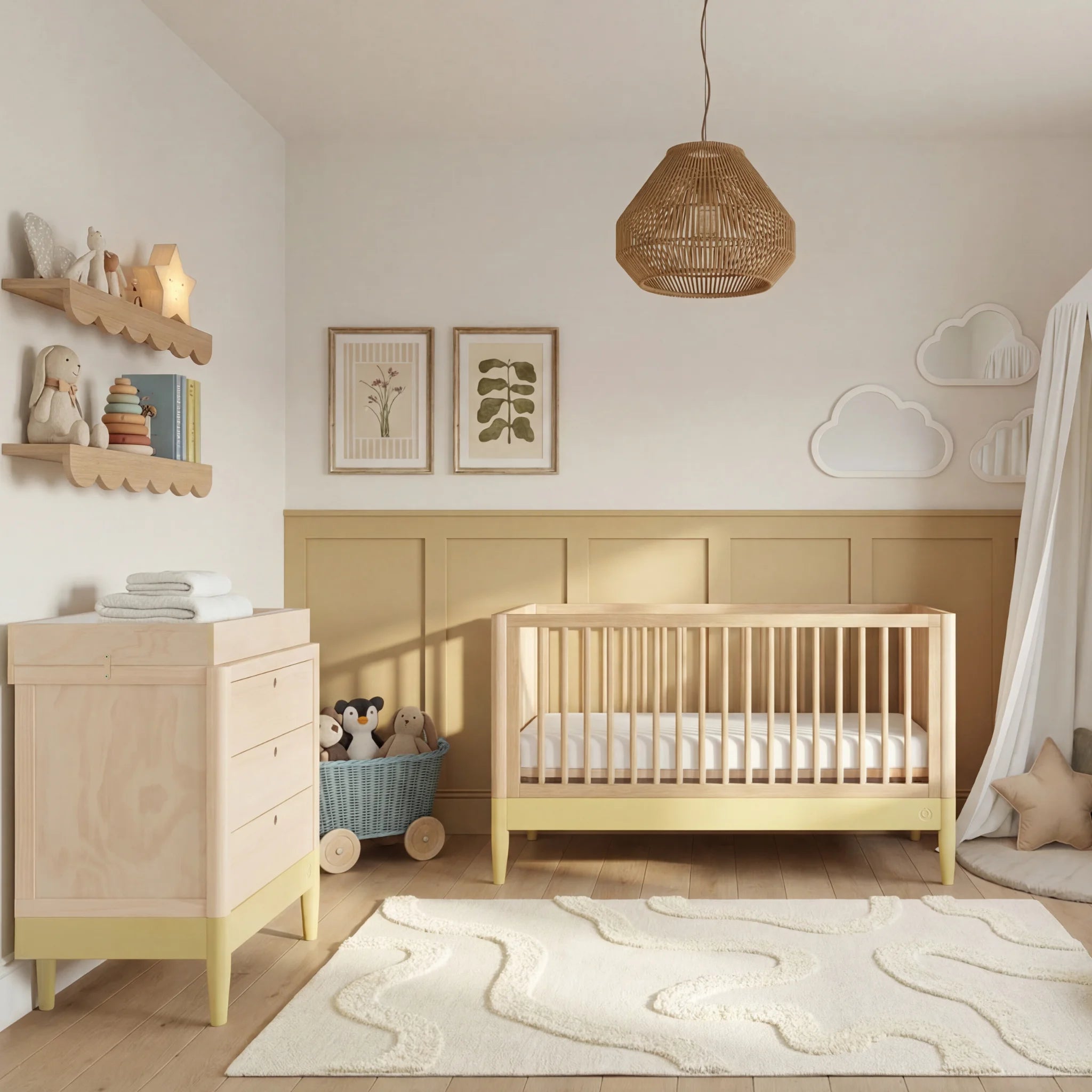 Gaia Baby EOS Kinderzimmer mit umwandelbarem Kinderbett und Kommode in Naturholz und Primelgelb
