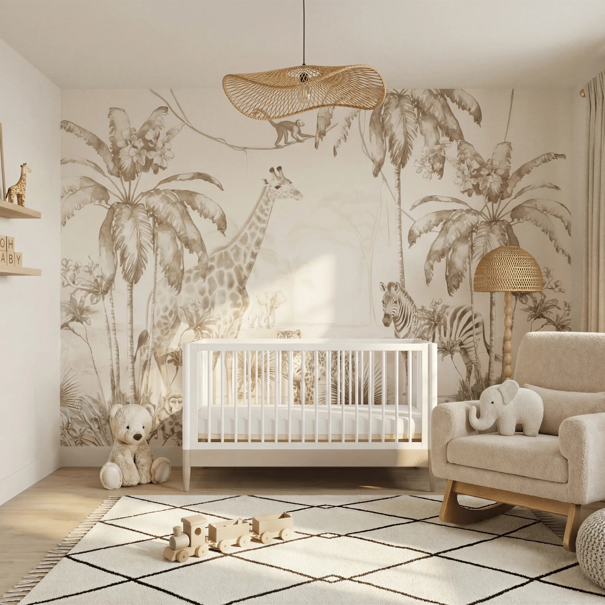 Lit bébé convertible Gaia Baby EOS en blanc et cachemire, conçu dans une chambre de bébé sur le thème du safari.