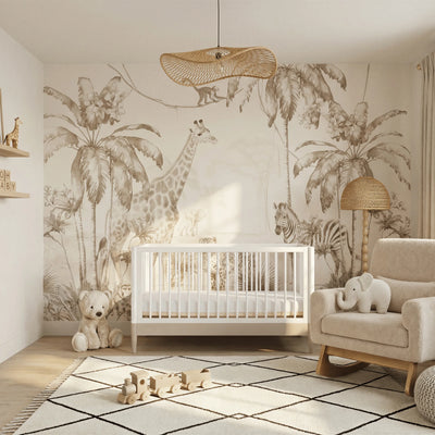 Lit bébé convertible Gaia Baby EOS en blanc et cachemire, conçu dans une chambre de bébé sur le thème du safari.