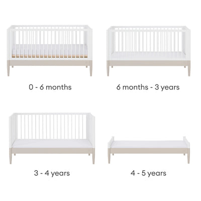 Étapes de conversion du lit de bébé convertible Gaia Baby EOS, du lit de nouveau-né au lit de tout-petit et au premier lit.