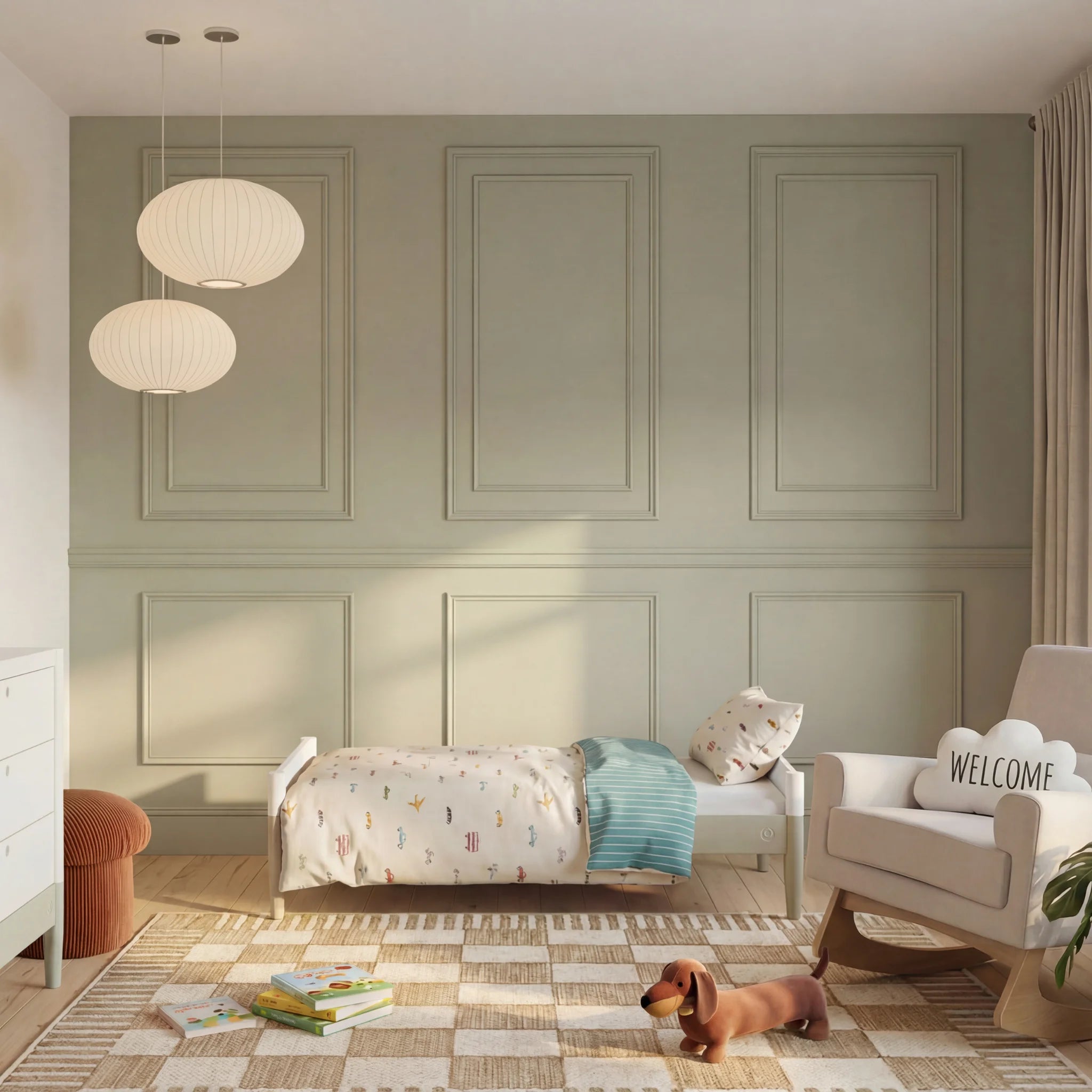 Gaia Baby EOS Convertible Cot in a sage green nursery with panelled walls, rug, pendant lights and wooden floor