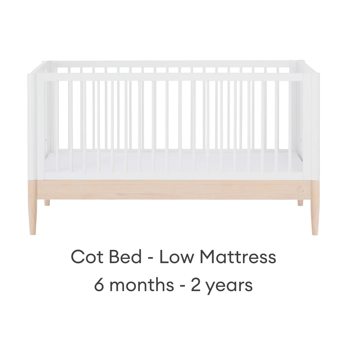 Gaia Baby EOS white and natural convertible cot bed with mid mattress height for baby stage 3–6 months