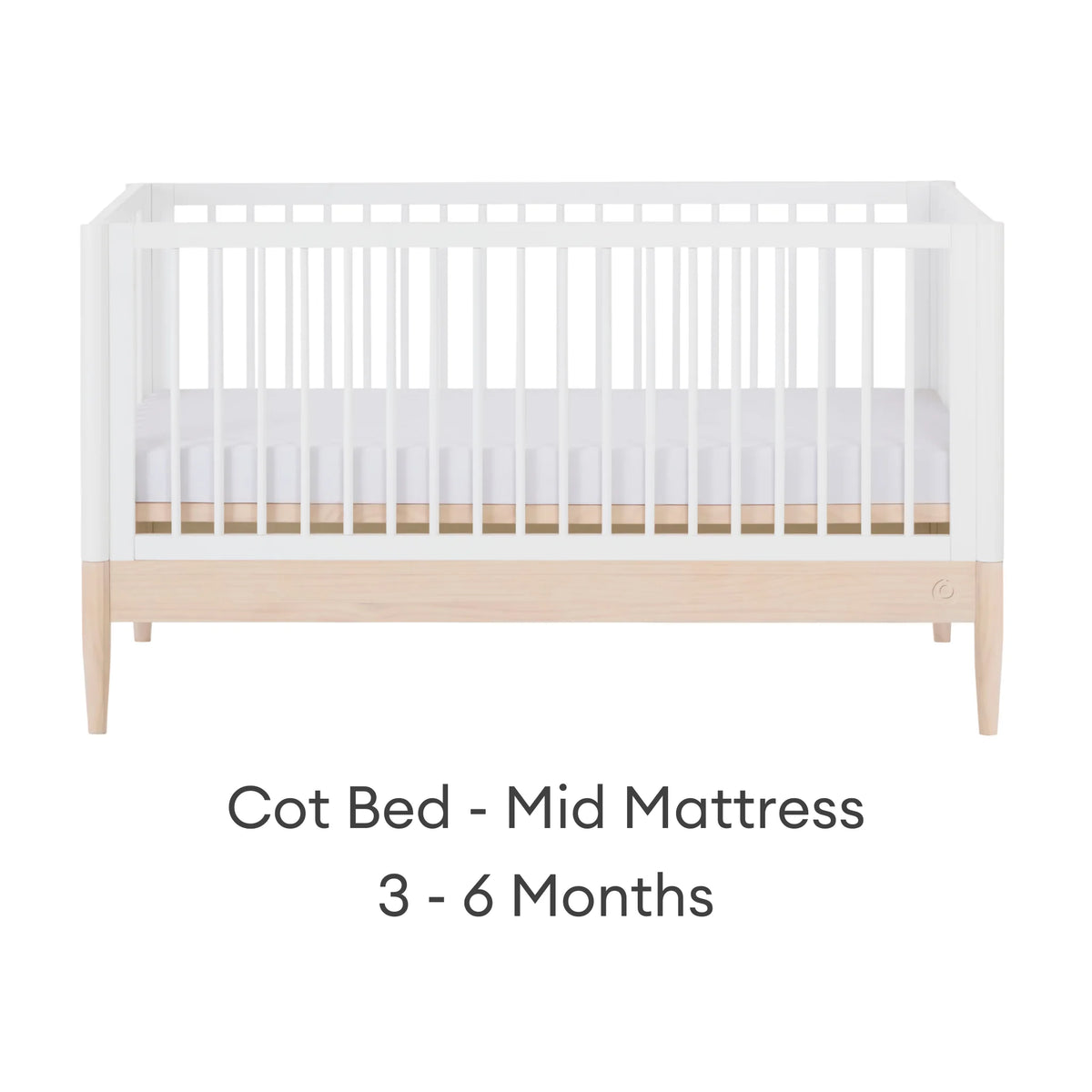 Gaia Baby EOS white and natural convertible cot bed with mid mattress height for baby stage 3–6 months