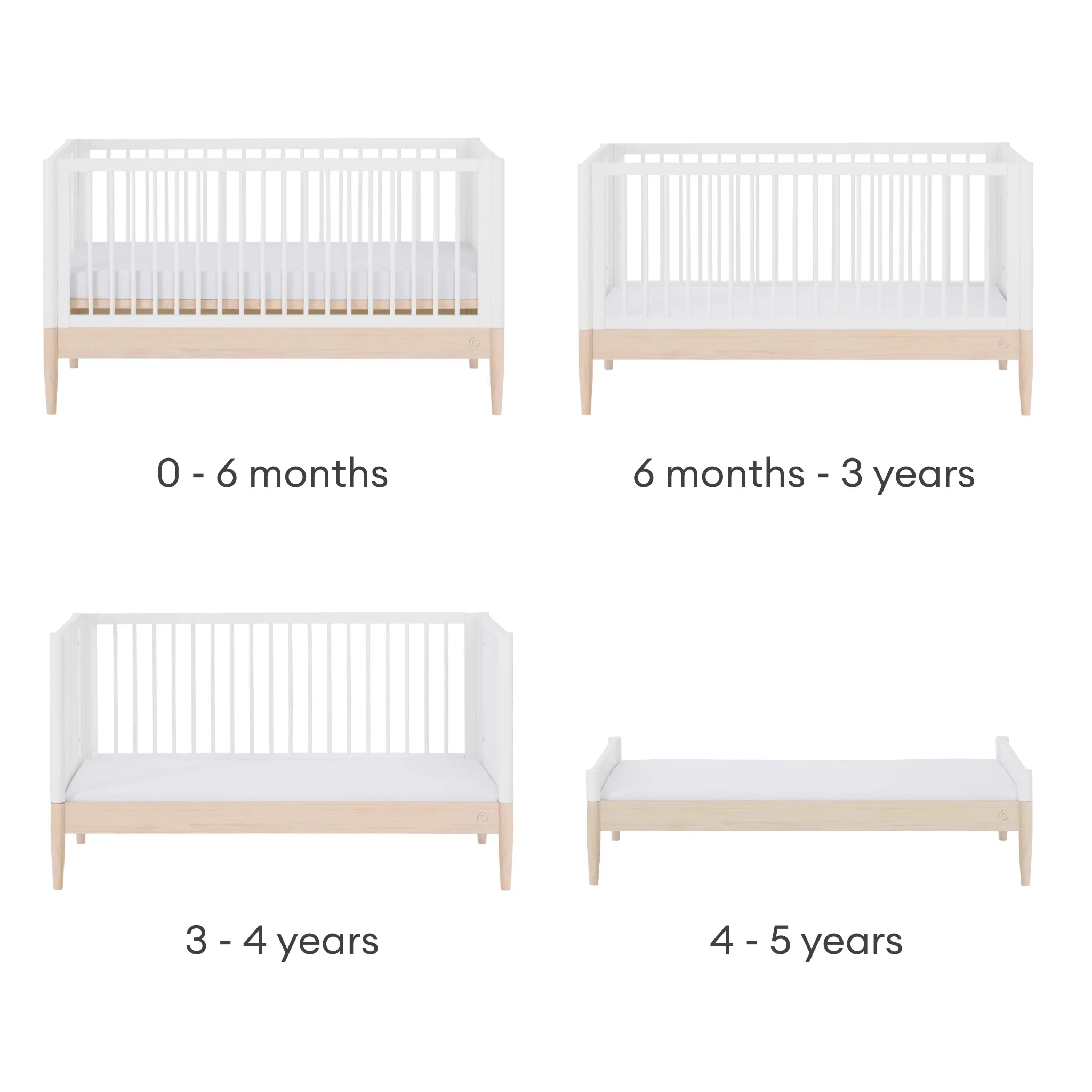 Das umwandelbare Kinderbett Gaia Baby EOS lässt sich vom Babybett zum Kleinkinderbett und zum ersten Bett im Alter von 0 Monaten bis 5 Jahren umwandeln