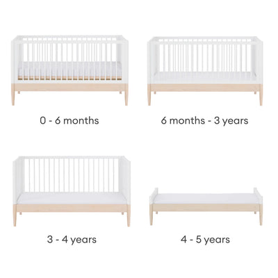 Das umwandelbare Kinderbett Gaia Baby EOS lässt sich vom Babybett zum Kleinkinderbett und zum ersten Bett im Alter von 0 Monaten bis 5 Jahren umwandeln