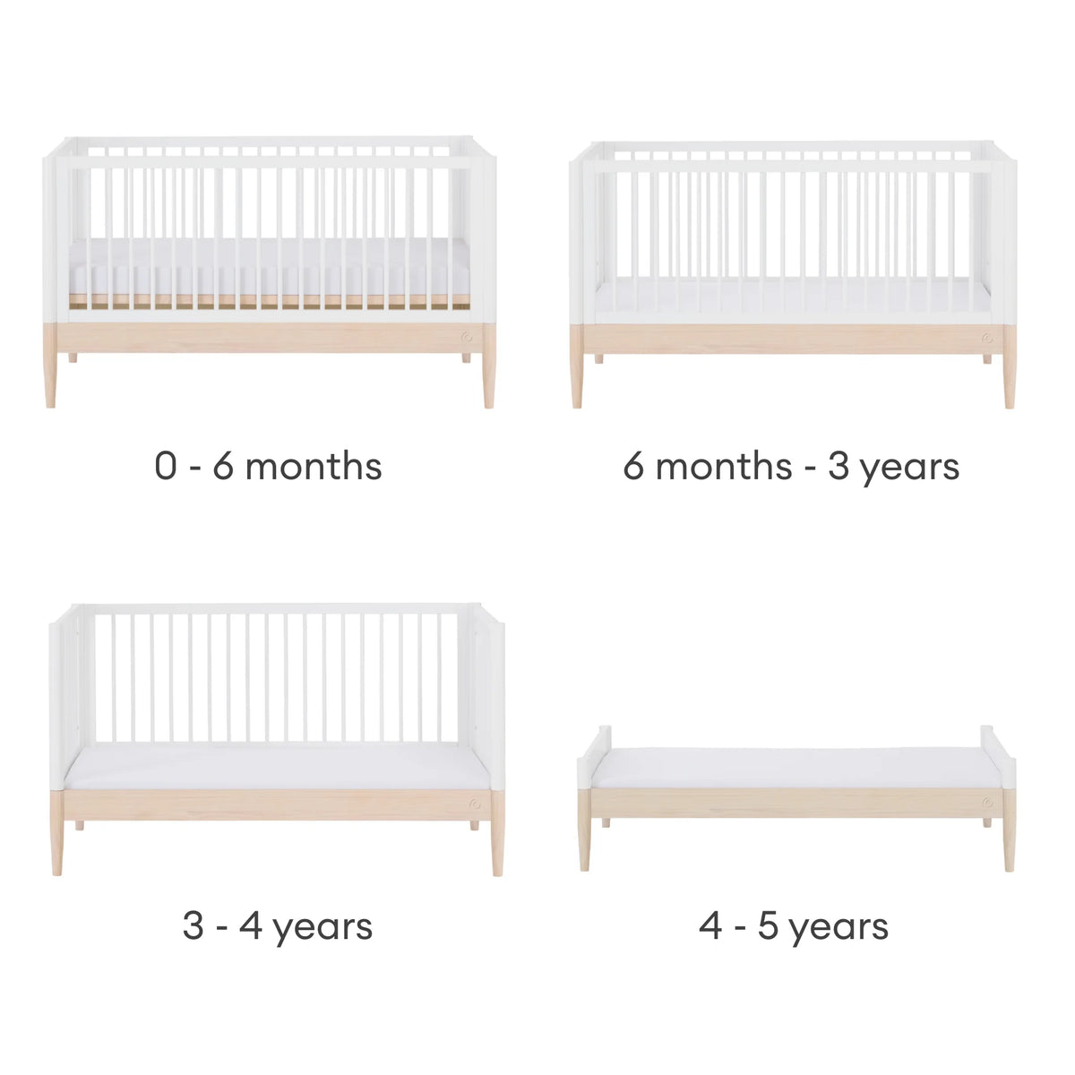 Gaia Baby EOS convertible cot bed stages from baby cot to toddler bed and first bed 0 months to 5 years natural white