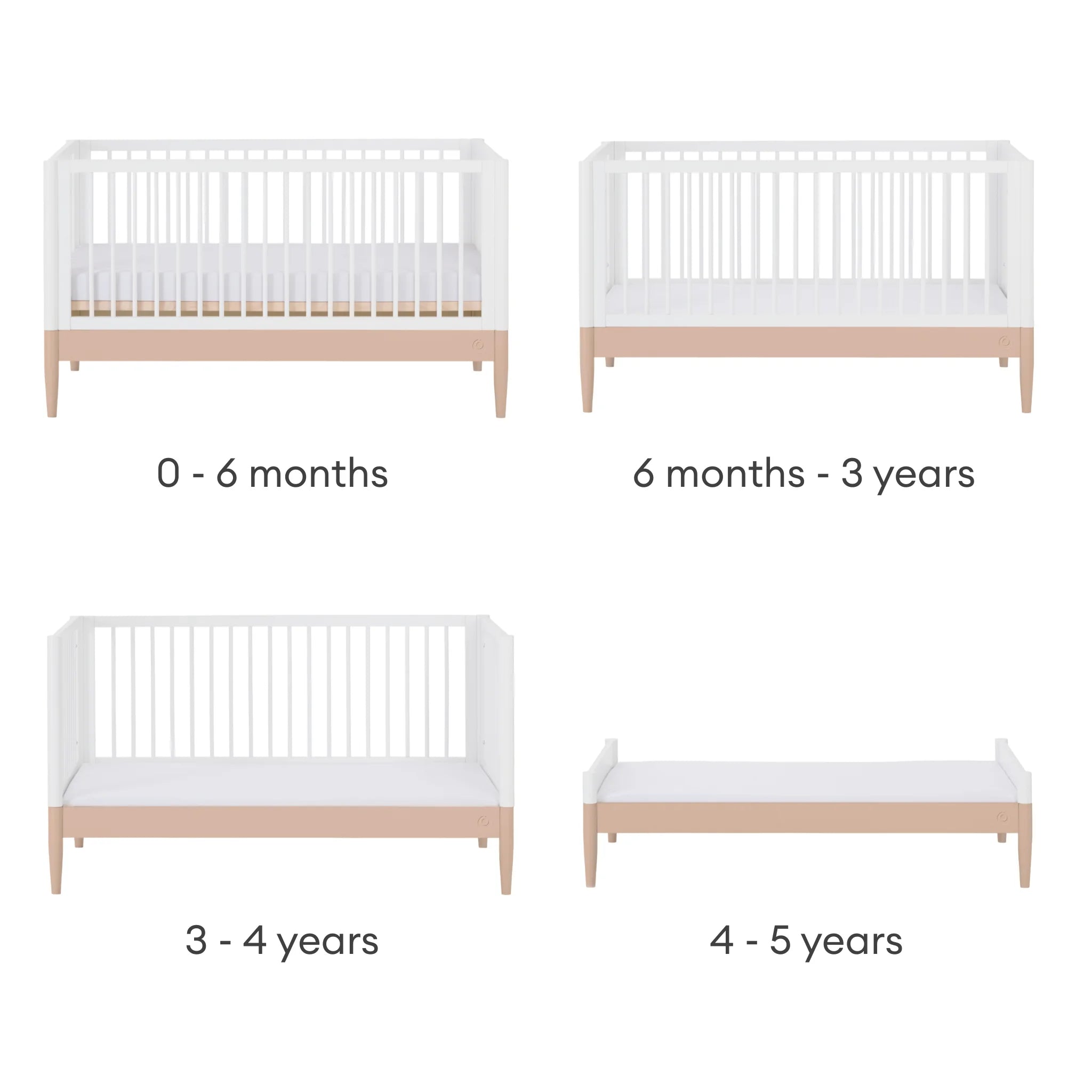 Das umwandelbare Kinderbett Gaia Baby EOS lässt sich vom Babybett zum Kleinkinderbett (0 Monate bis 5 Jahre) verwandeln.