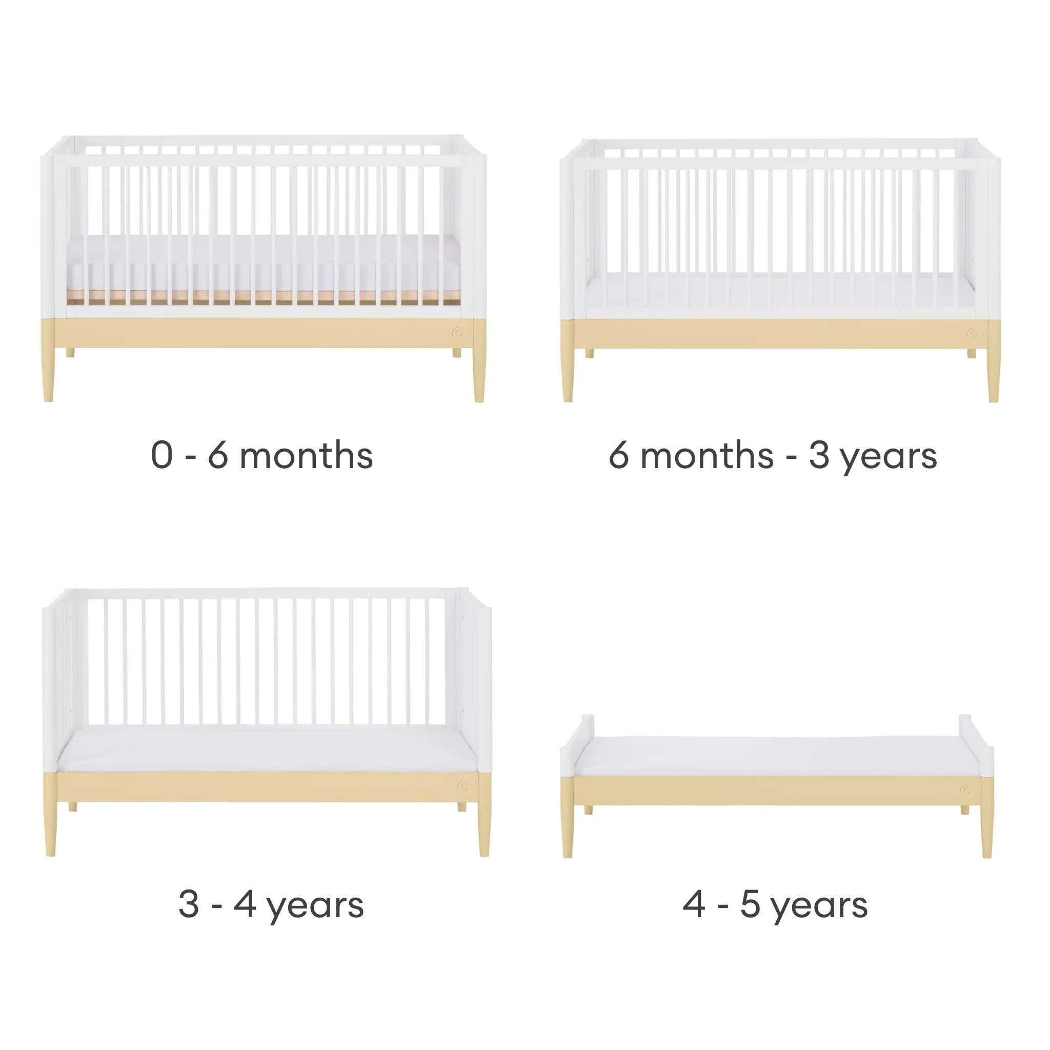 Le lit convertible Gaia Baby EOS passe du lit de nouveau-né au lit de tout-petit en blanc et jaune primevère.