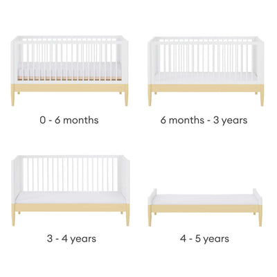 Le lit convertible Gaia Baby EOS passe du lit de nouveau-né au lit de tout-petit en blanc et jaune primevère.
