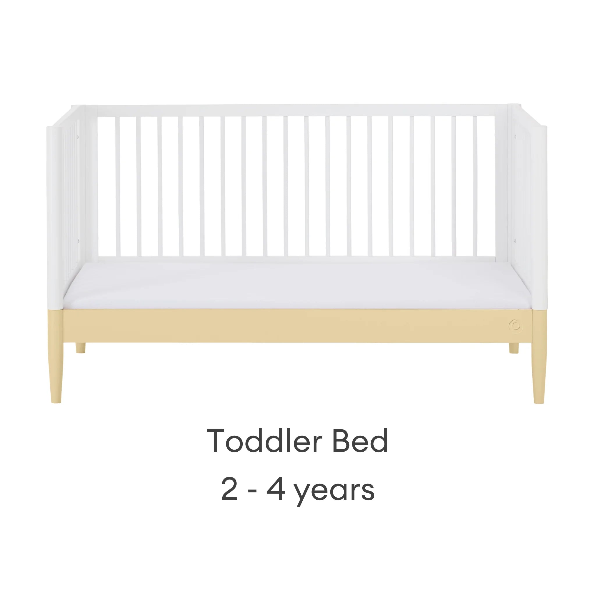 Lit évolutif Gaia Baby EOS transformé en lit d'enfant en blanc et jaune primevère.
