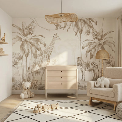 Commode de chambre d'enfant Gaia Baby EOS en bois naturel, style chambre d'enfant sur le thème du safari, avec décoration murale girafe et zèbre