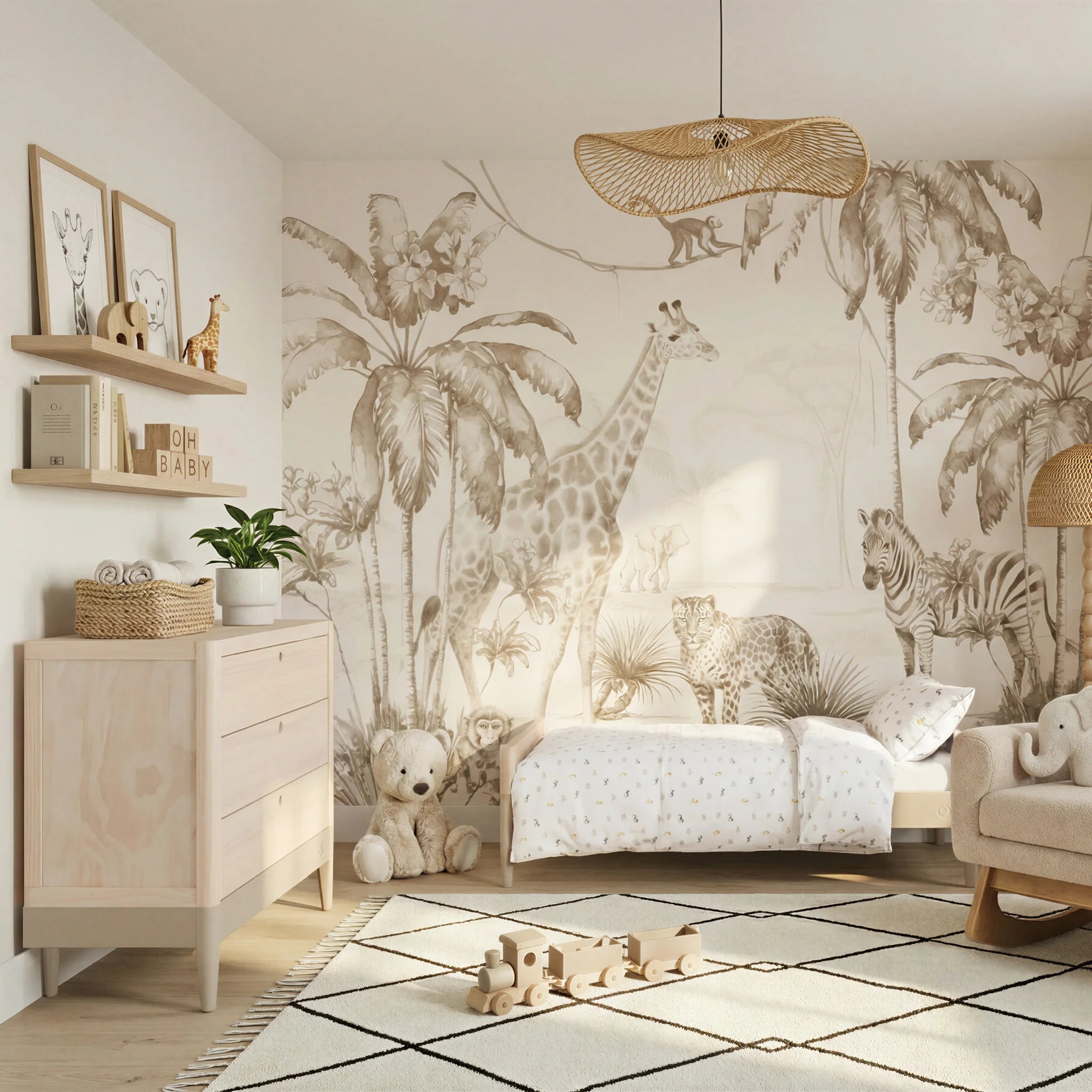 Commode de chambre d'enfant Gaia Baby EOS en bois naturel, style chambre d'enfant sur le thème du safari, avec décoration murale girafe et zèbre