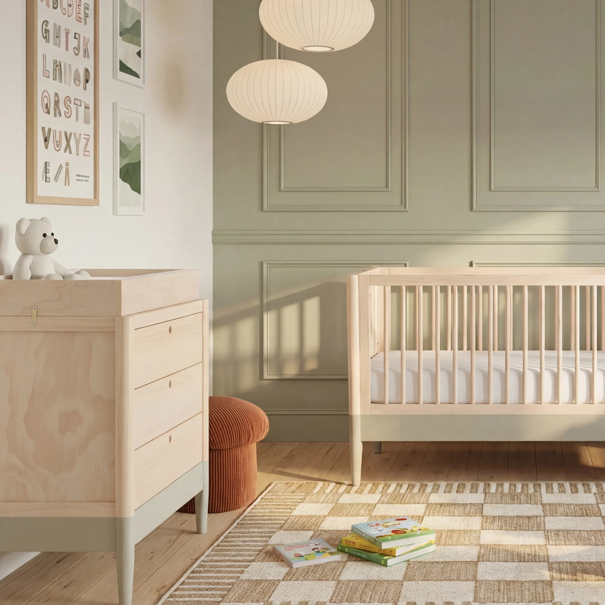 Modern nursery room featuring Gaia Baby EOS natural wood baby dresser with changing station