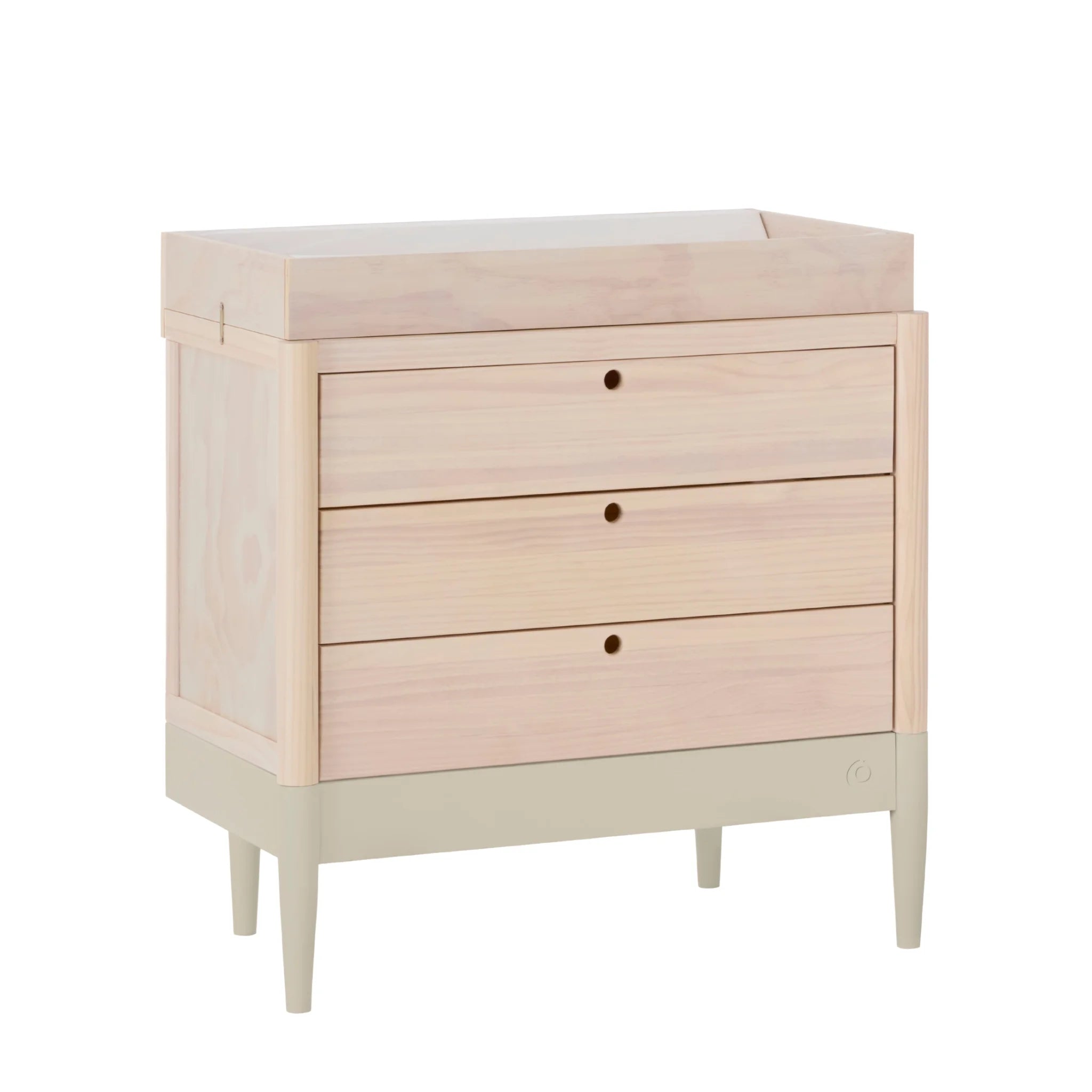 Gaia Baby EOS natural wood nursery dresser with changing top and three drawers angled view