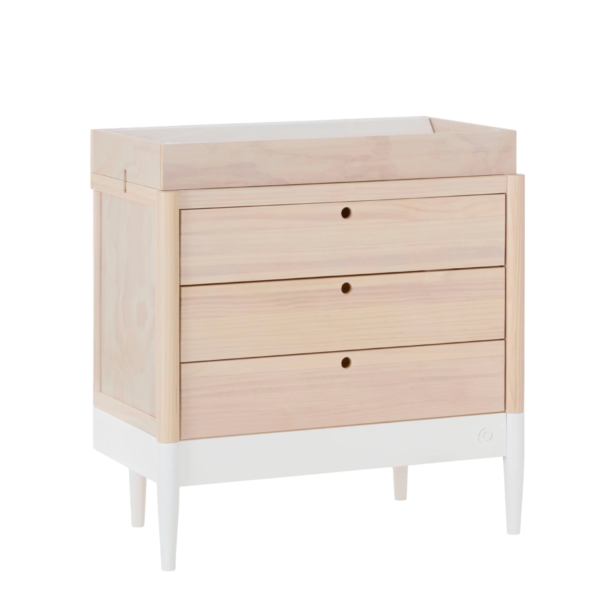 Gaia Baby EOS dresser in natural wood and white with changing top angled view
