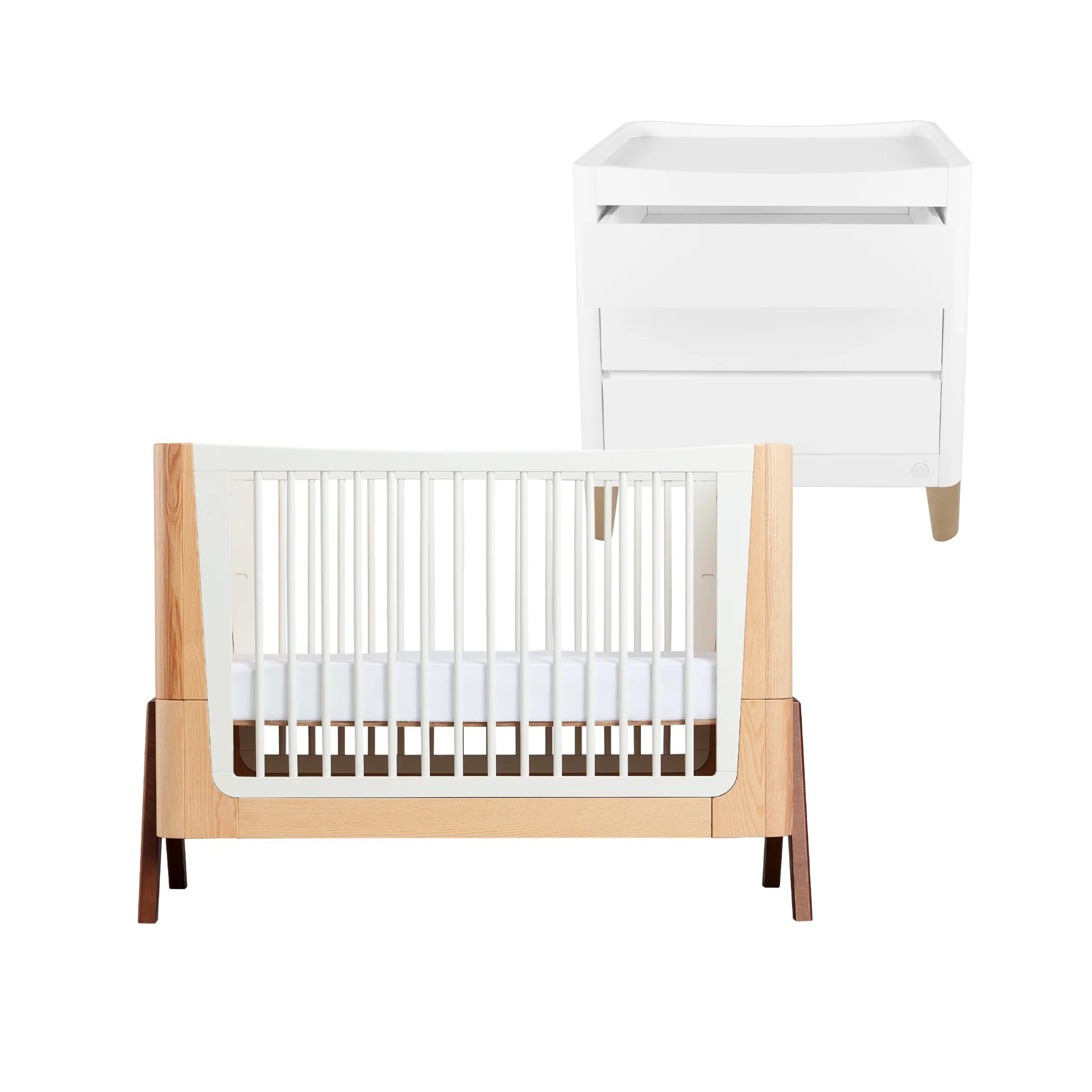 Gaia Baby Hera cot bed in natural wood with white slats and matching Serena dresser, shown on a white background.