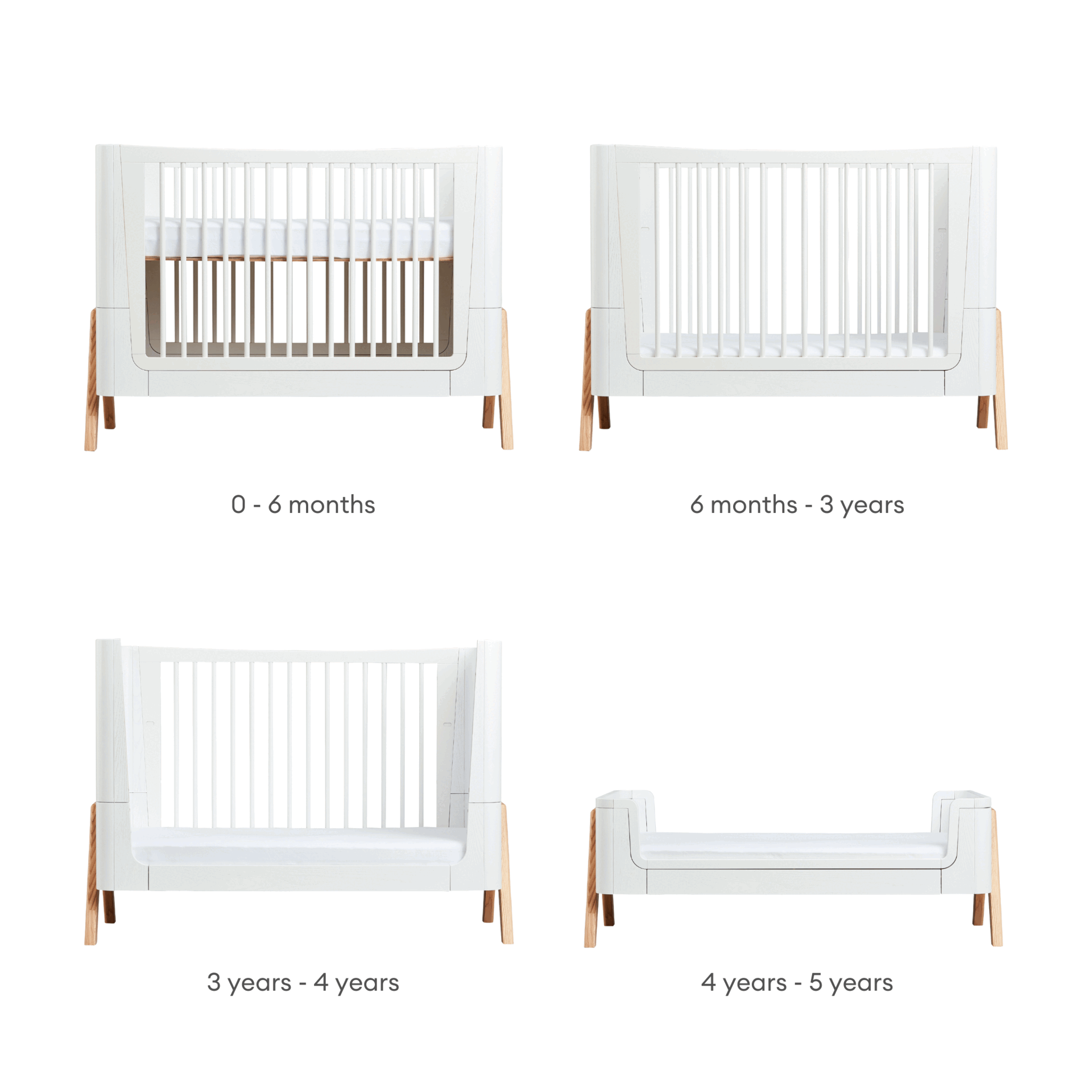 Hera Cot Bed Scandi White convertible evolution.