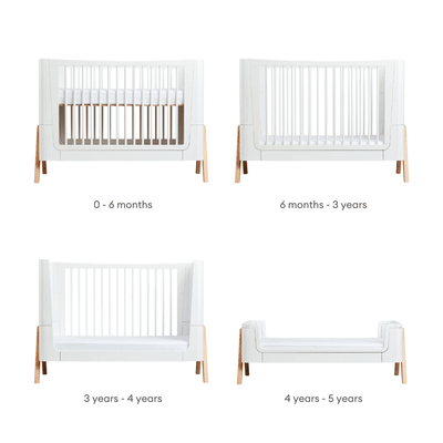 Hera Cot Bed Scandi White convertible evolution.