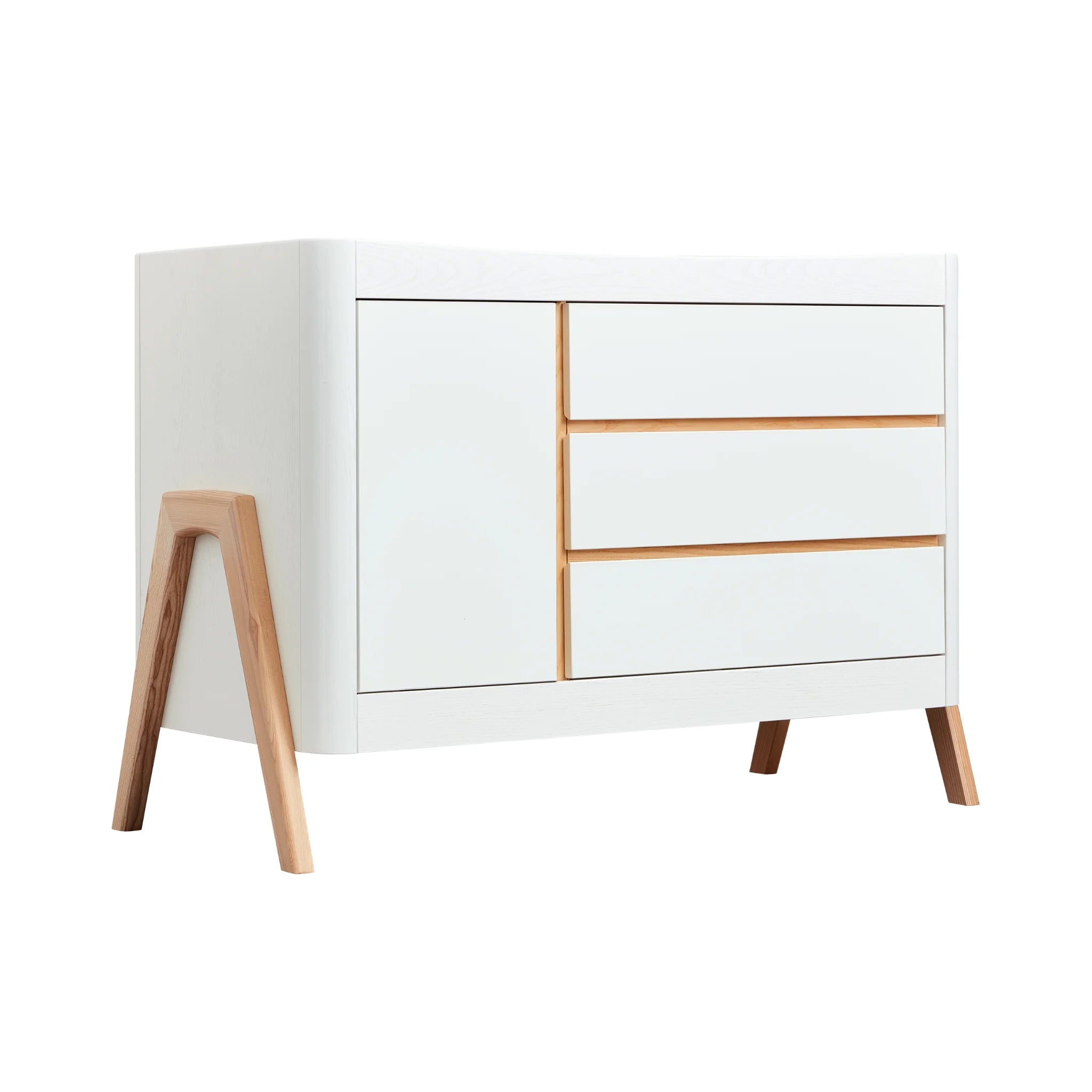 45 degree angle view of Gaia Baby Hera Nursery Dresser in scandi white with 3 drawers, 1 cabinet door and a-frame legs in natural wood.